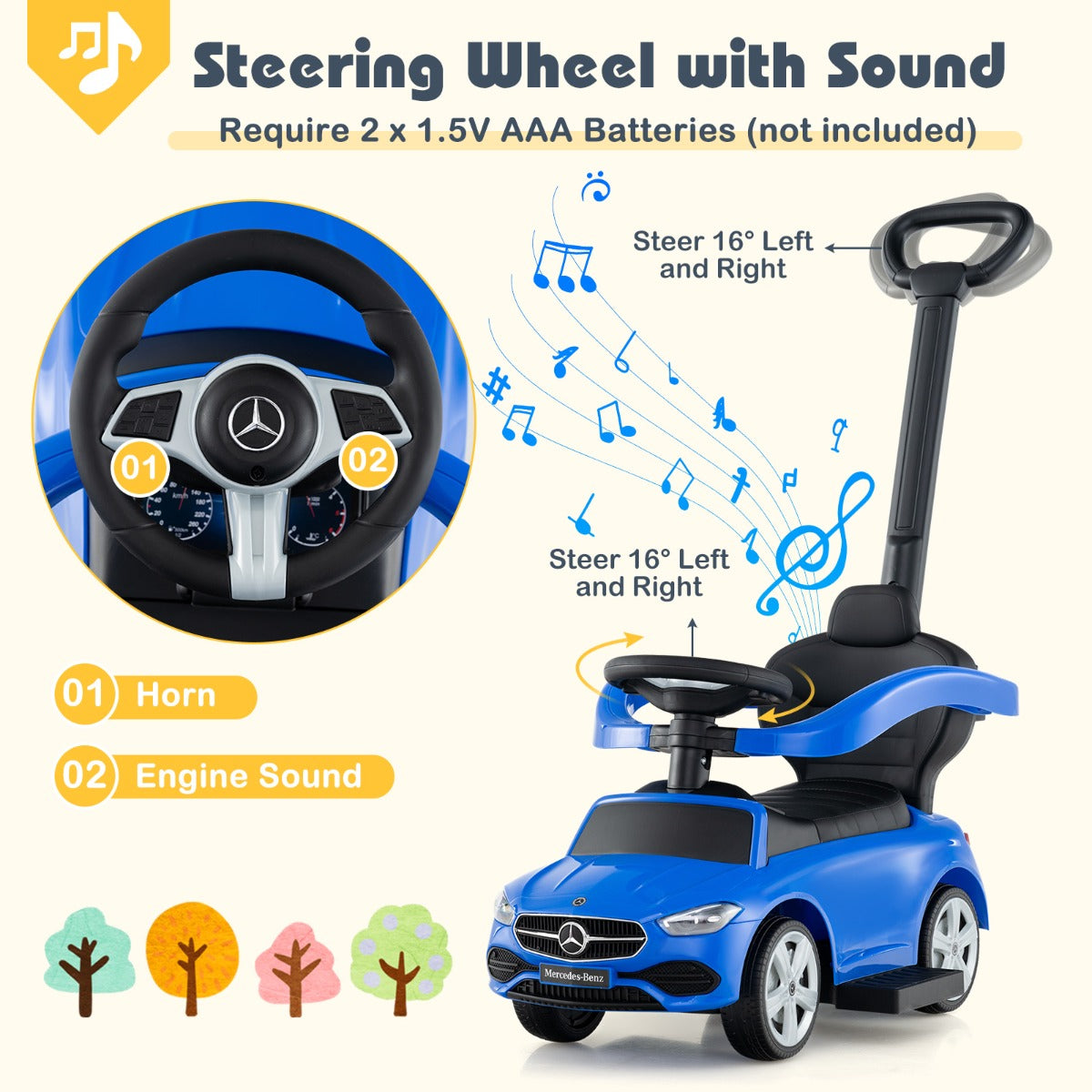 Livsk costway 3 in 1 duwauto voor kinderen mercedes benz speelgoedauto onder licentie met verstelbare kap en stuur draagvermogen 25 kg 3