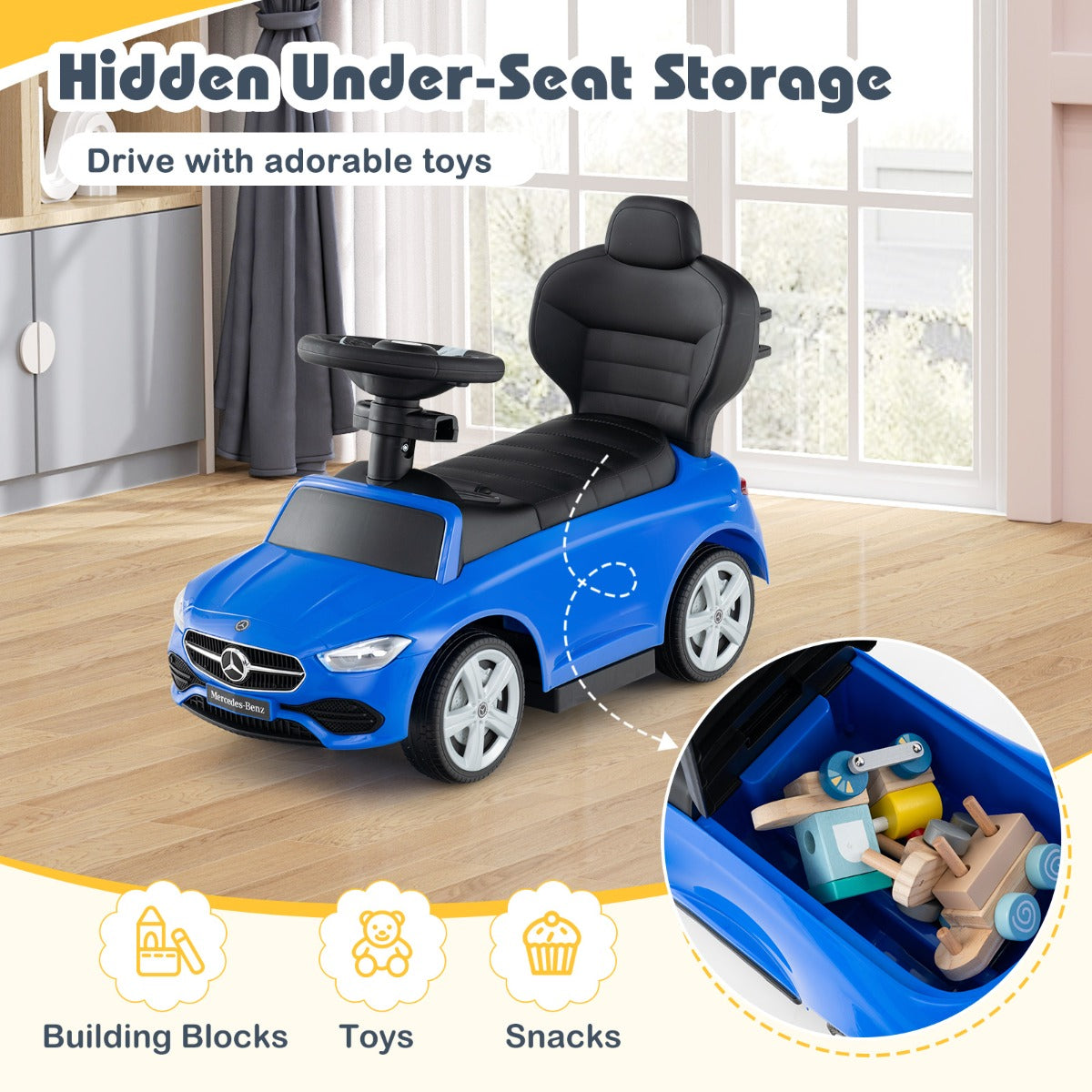 Livsk costway 3 in 1 duwauto voor kinderen mercedes benz speelgoedauto onder licentie met verstelbare kap en stuur draagvermogen 25 kg 5