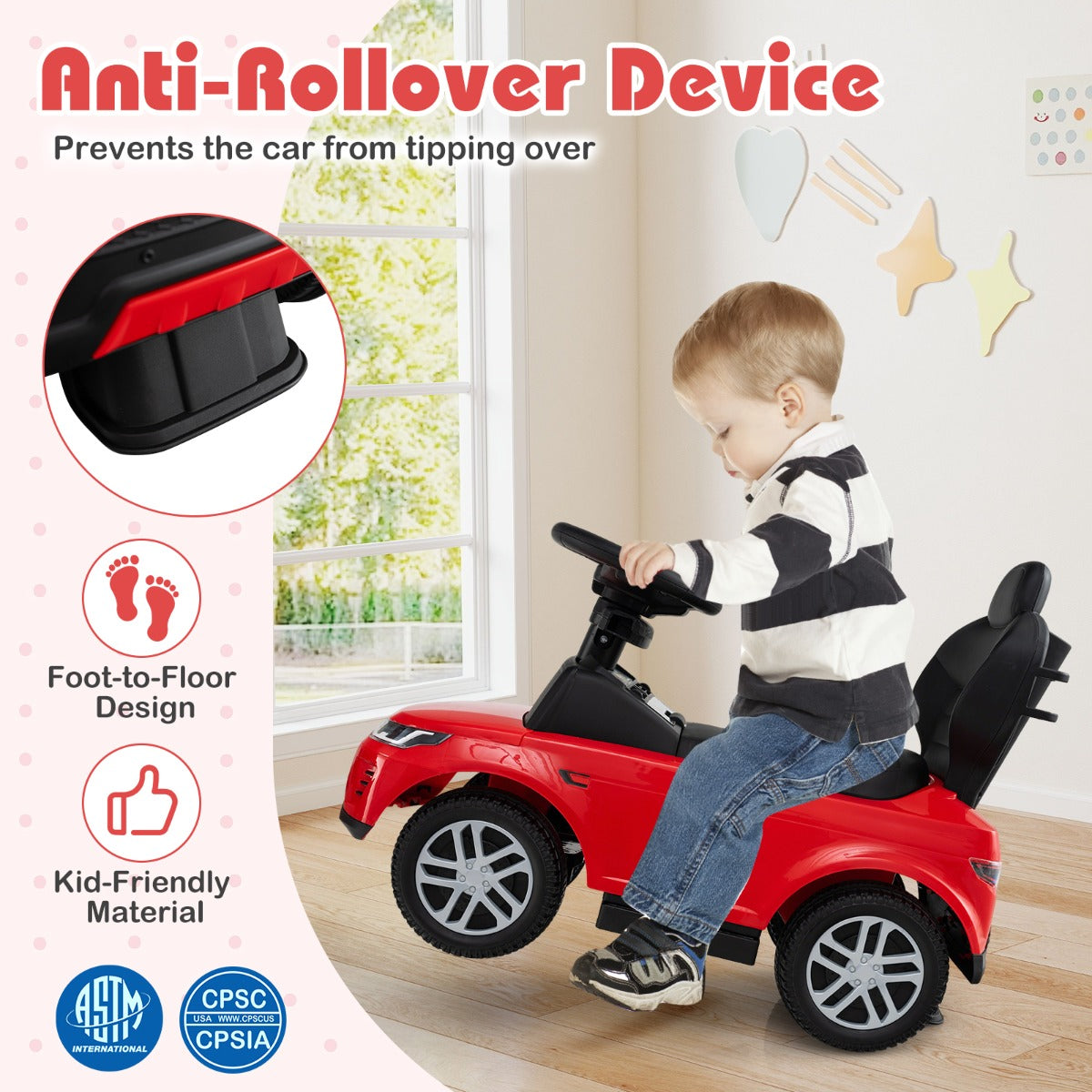 LIVSK Peuterkinderwagen - Inklapbaar van Duw- naar Loopwagen - Slijtvaste Wielen - Stuur met Geluiden - Tot 25 kg - Rood