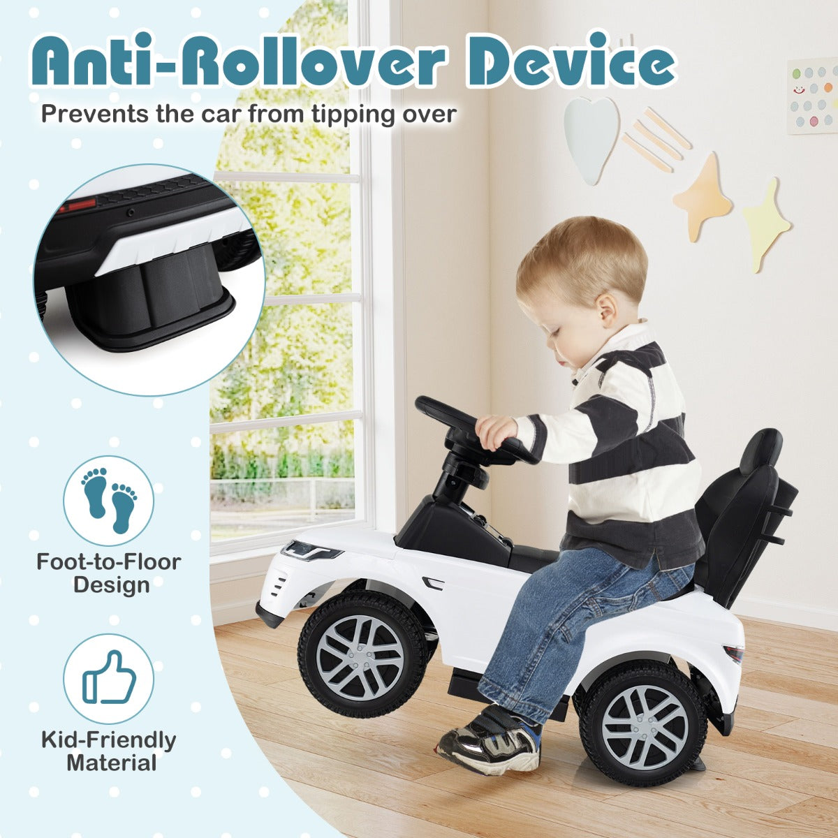 LIVSK 3-in-1 Duwwagen voor Peuters - Transformeerbaar tot Loop- of Glijauto - Veilig en Comfortabel - Wit