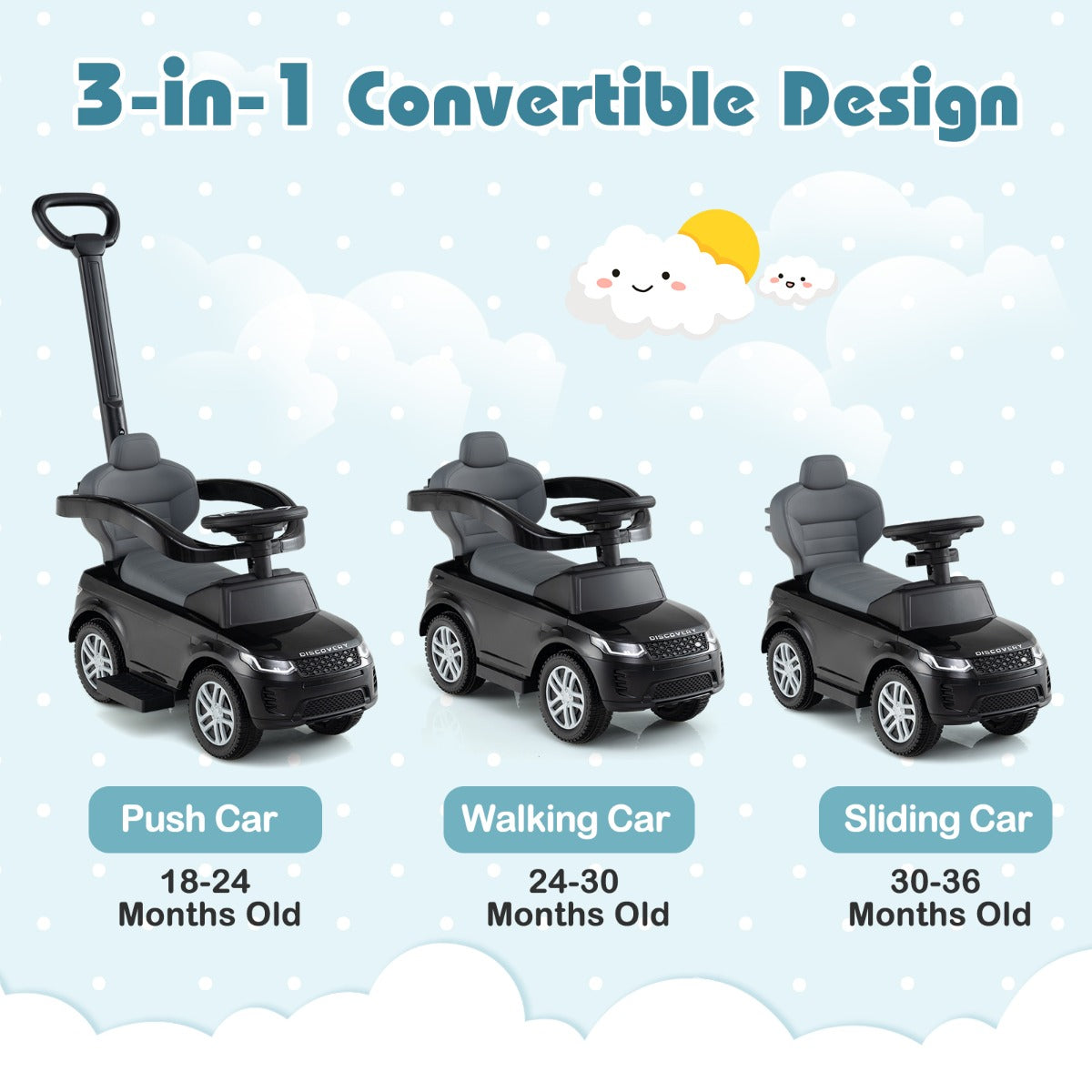 LIVSK 3-in-1 Peuterkinderwagen - Ombouwbaar tot Loop- of Schuifwagen - Slijtvaste Wielen - Opbergruimte - Tot 25 kg - Zwart