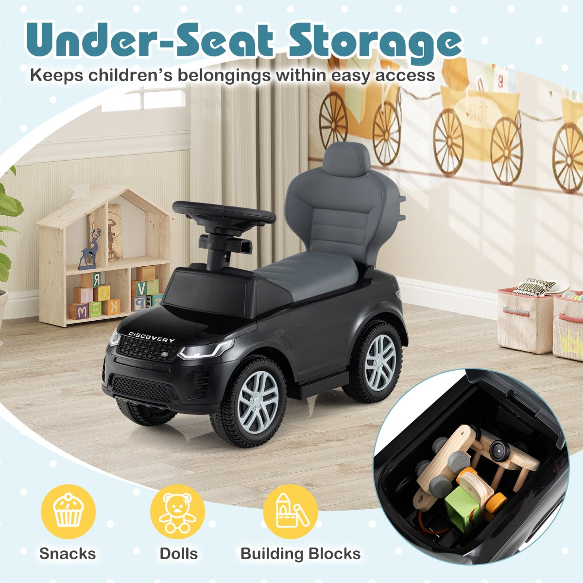 LIVSK 3-in-1 Peuterkinderwagen - Ombouwbaar tot Loop- of Schuifwagen - Slijtvaste Wielen - Opbergruimte - Tot 25 kg - Zwart