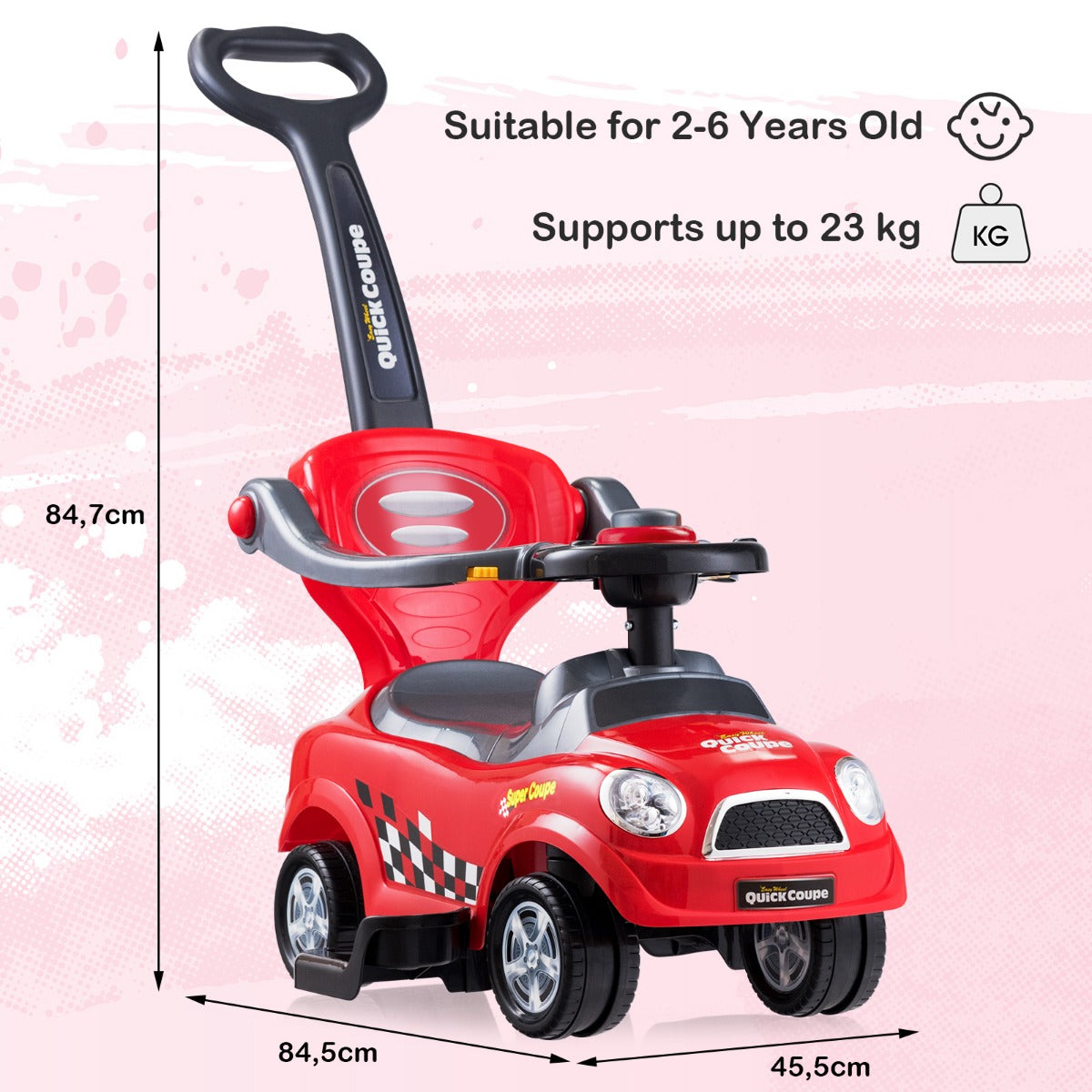 LIVSK 3-in-1 Glijauto met Duwstang - Veiligheidsleuningen - Verborgen Opbergruimte - Voor Kinderen 2-6 jaar - Rood