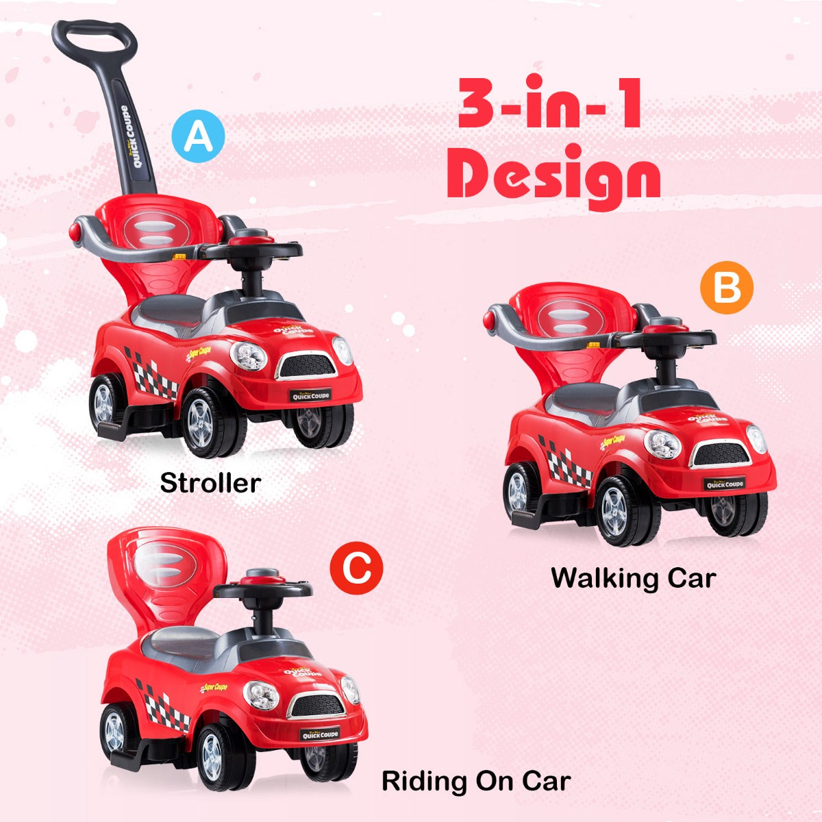 LIVSK 3-in-1 Glijauto met Duwstang - Veiligheidsleuningen - Verborgen Opbergruimte - Voor Kinderen 2-6 jaar - Rood