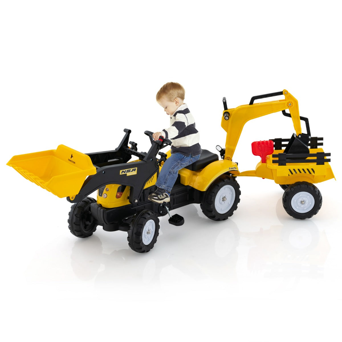 LIVSK 3-in-1 Zittractor - Transformeer tot Bulldozer, Graafmachine of Tractor - Realistisch Stuur en Claxon - Geel