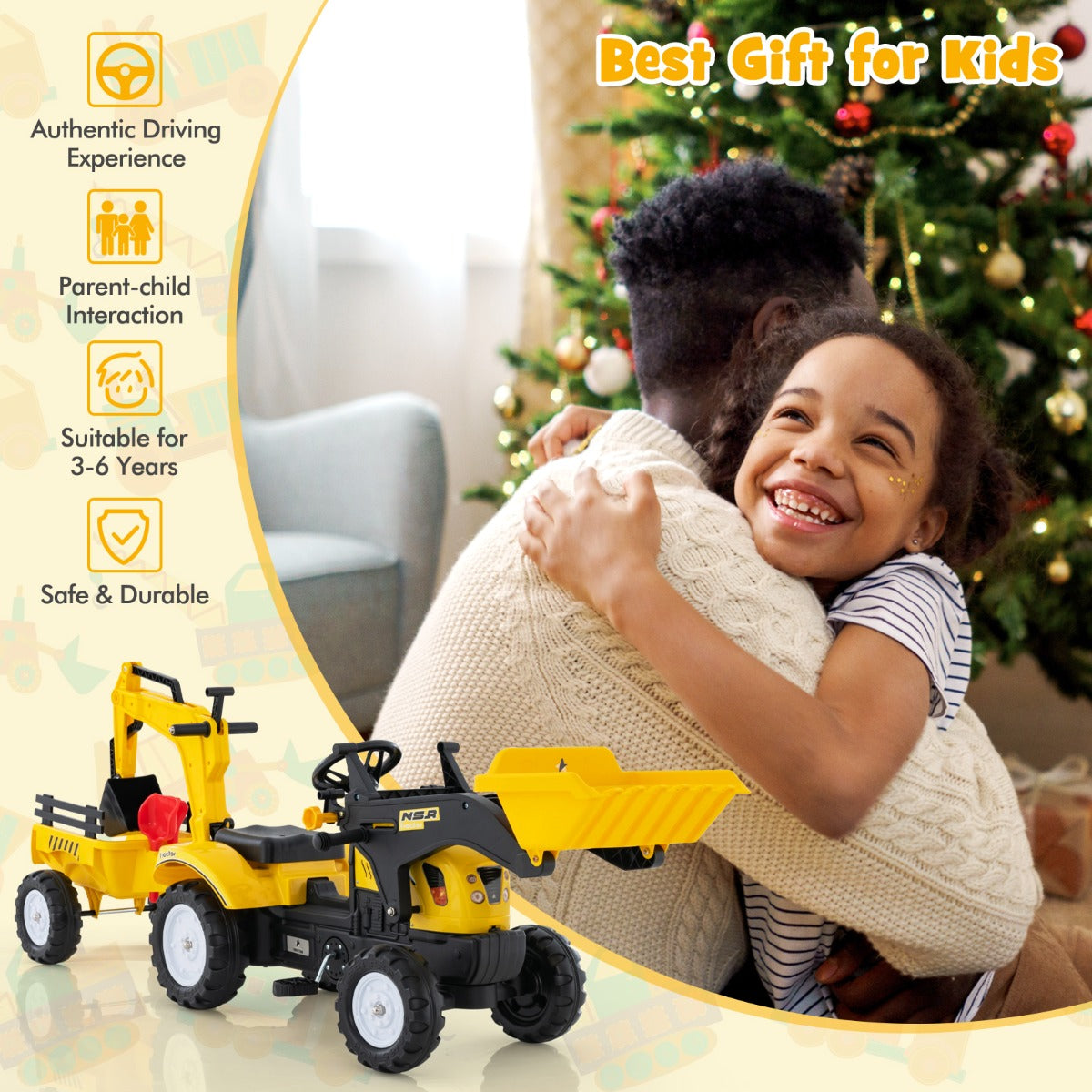 LIVSK 3-in-1 Zittractor - Transformeer tot Bulldozer, Graafmachine of Tractor - Realistisch Stuur en Claxon - Geel
