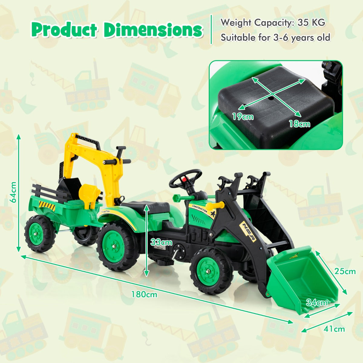 LIVSK 3-in-1 Zittractor - Transformeerbaar tot Bulldozer en Graafmachine - Realistisch Stuur en Claxon - Voor Kinderen 3-6 Jaar -