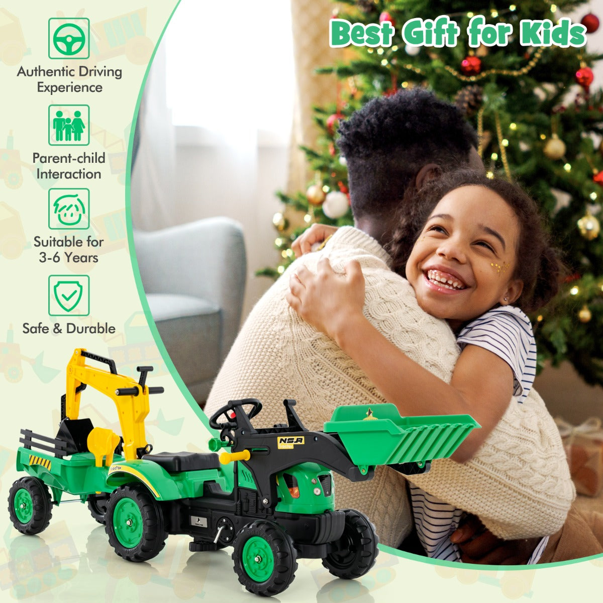 LIVSK 3-in-1 Zittractor - Transformeerbaar tot Bulldozer en Graafmachine - Realistisch Stuur en Claxon - Voor Kinderen 3-6 Jaar -