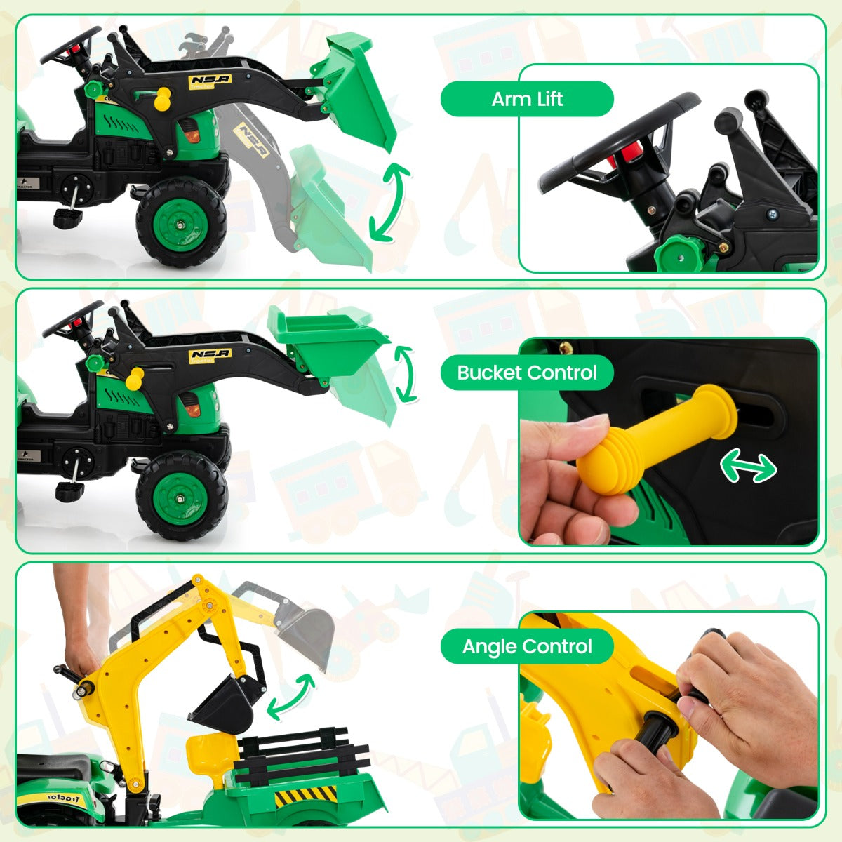 LIVSK 3-in-1 Zittractor - Transformeerbaar tot Bulldozer en Graafmachine - Realistisch Stuur en Claxon - Voor Kinderen 3-6 Jaar -