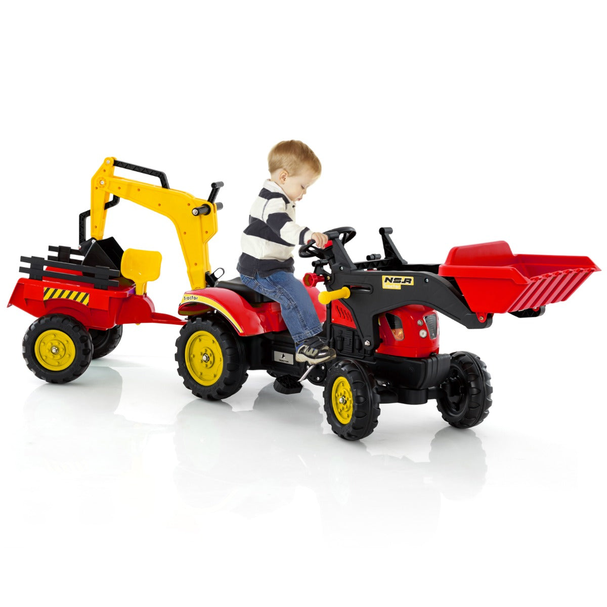 Livsk costway 3 in 1 graafmachine voor kinderen bulldozer met 6 wielen afneembare aanhanger en graafbak 1 1