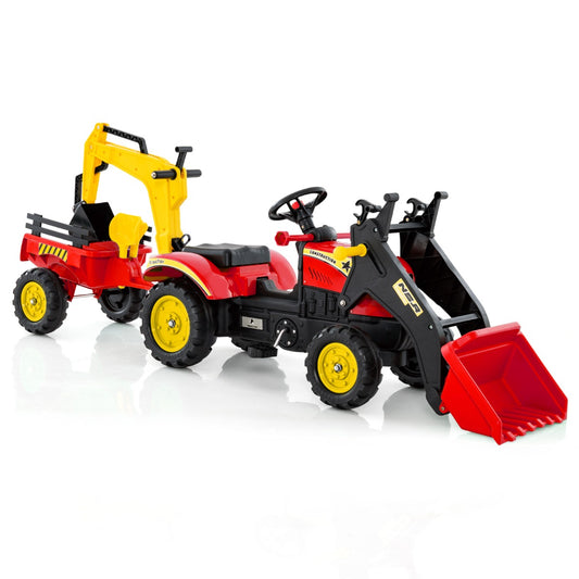 Livsk costway 3 in 1 graafmachine voor kinderen bulldozer met 6 wielen afneembare aanhanger en graafbak