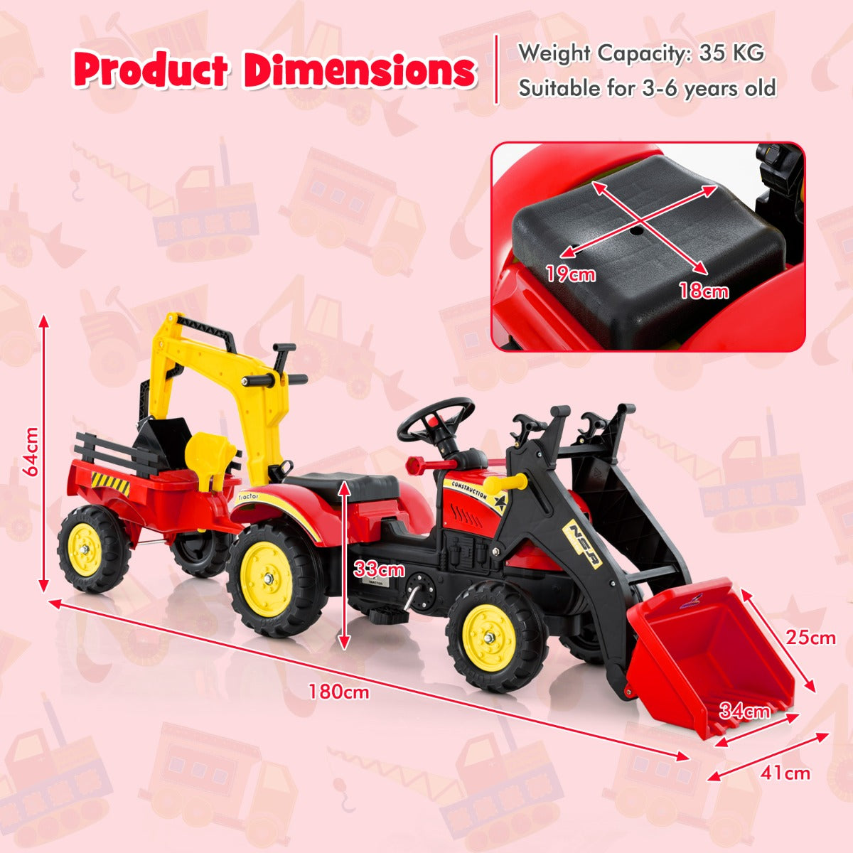 Livsk costway 3 in 1 graafmachine voor kinderen bulldozer met 6 wielen afneembare aanhanger en graafbak 2