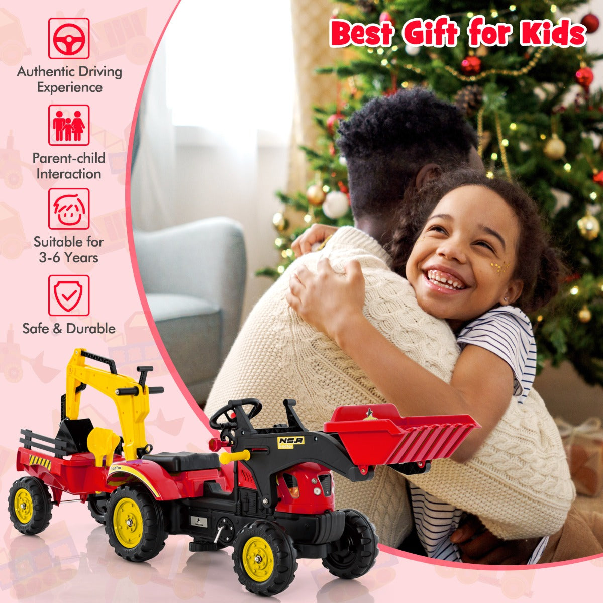 Livsk costway 3 in 1 graafmachine voor kinderen bulldozer met 6 wielen afneembare aanhanger en graafbak 3