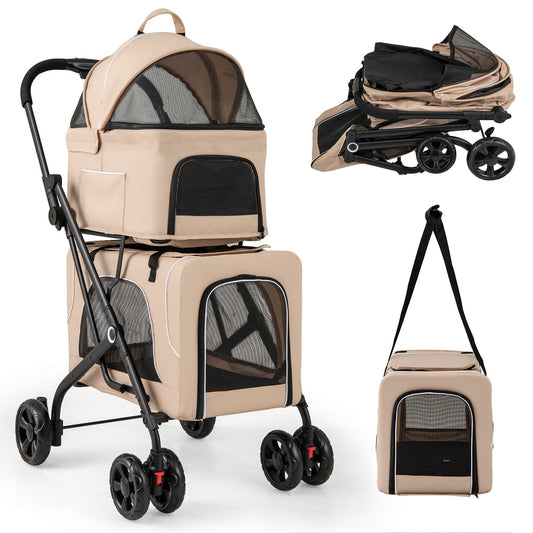 LIVSK 3-in-1 Huisdierenbuggy - Autostoeltje en Transportwagen - Voor 2 Kleine Honden of Katten - Opvouwbaar - Beige
