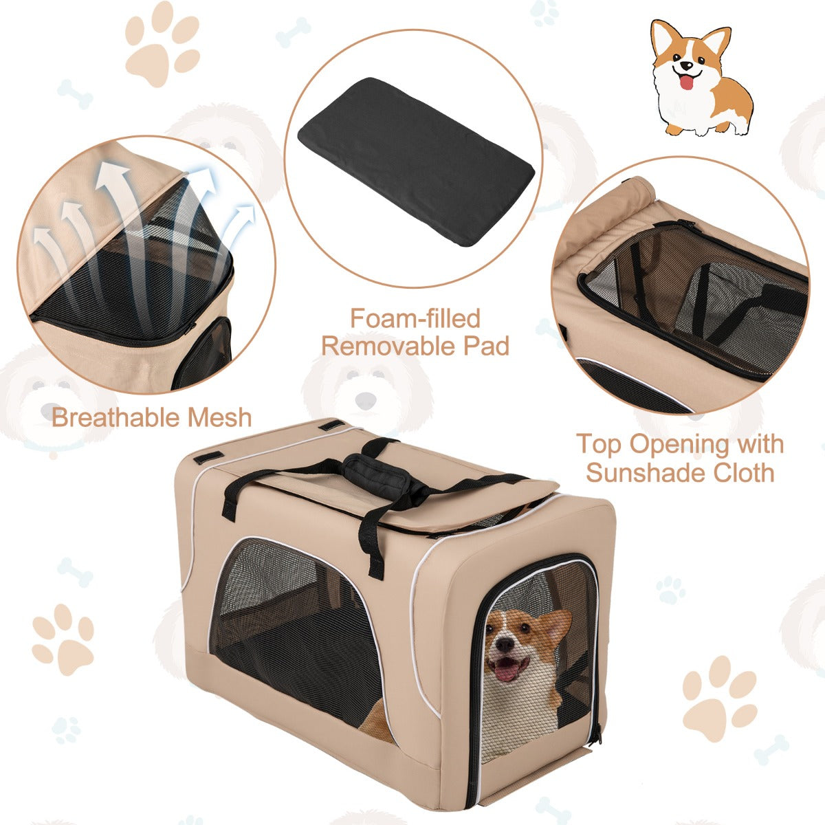 LIVSK 3-in-1 Huisdierenbuggy - Autostoeltje en Transportwagen - Voor 2 Kleine Honden of Katten - Opvouwbaar - Beige