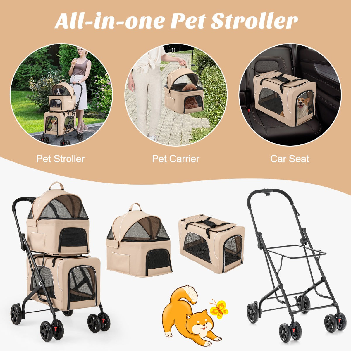 LIVSK 3-in-1 Huisdierenbuggy - Autostoeltje en Transportwagen - Voor 2 Kleine Honden of Katten - Opvouwbaar - Beige