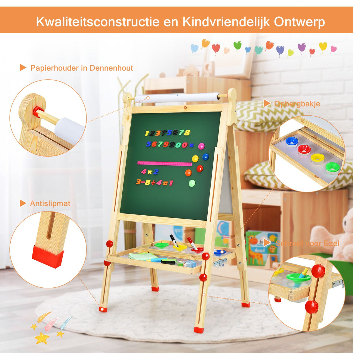 LIVSK 3-in-1 Kinderezel - Verstelbare Hoogte van 86 tot 150 cm - Krijtbord en Whiteboard - Inclusief Accessoires - Natuurlijk