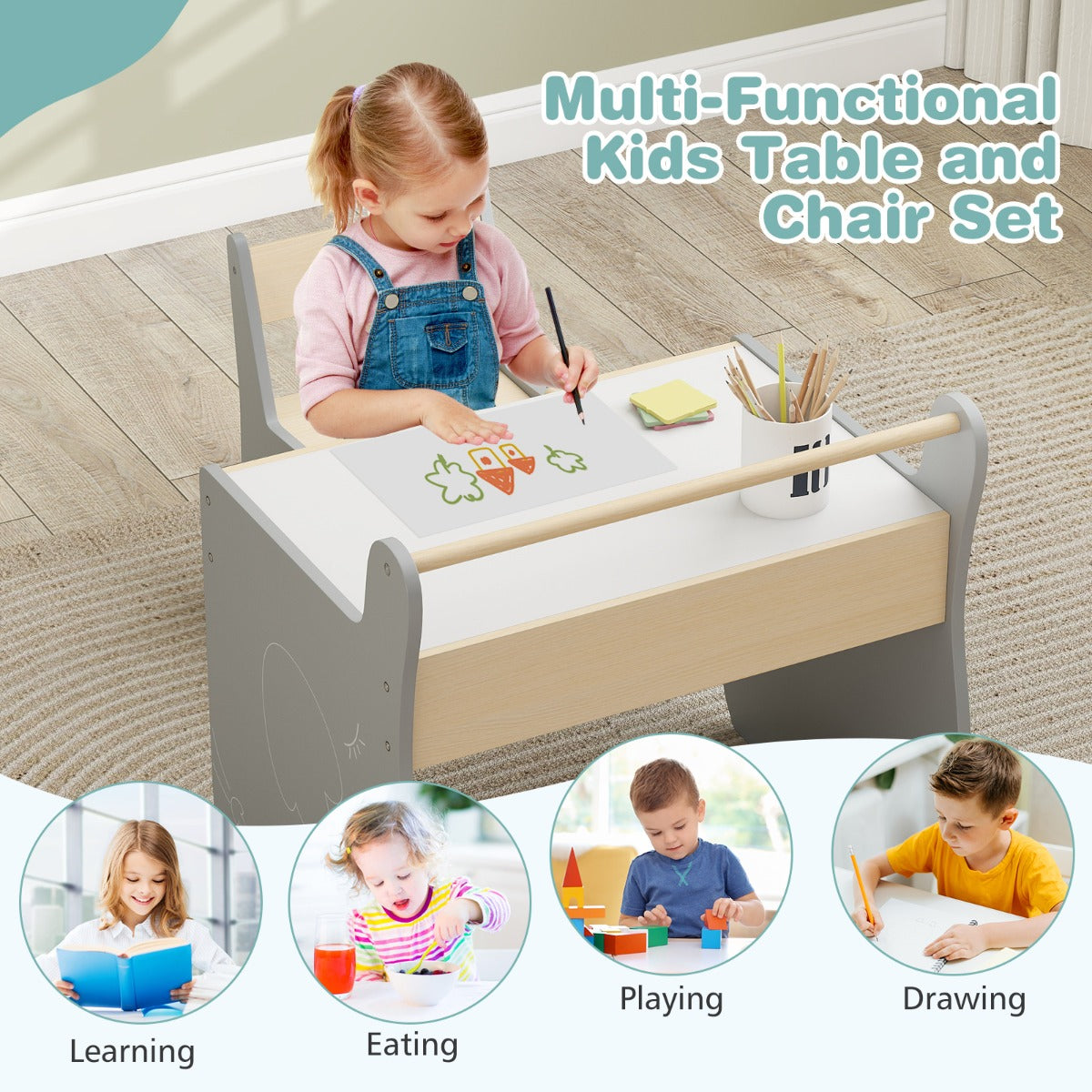 LIVSK 3-in-1 Kindertafel en Stoelset - Afneembaar Whiteboard- en Krijtbordoppervlak - Ingebouwde Opbergruimte - Grijs