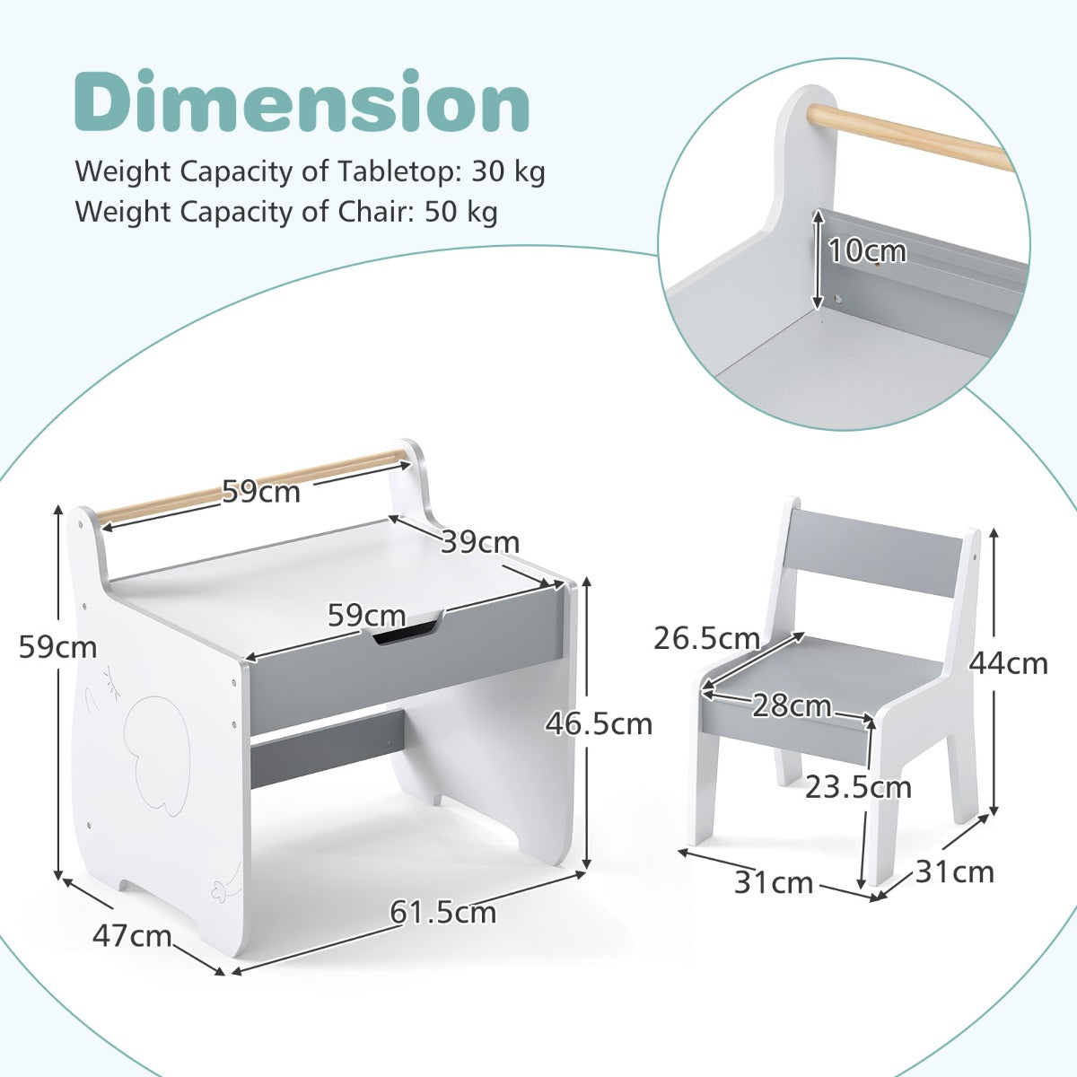 LIVSK 3-in-1 Kindertafel- en Stoelenset - Afneembaar Tafelblad met Whiteboard en Schoolbord - Ingebouwde Opbergruimte - Grijs +