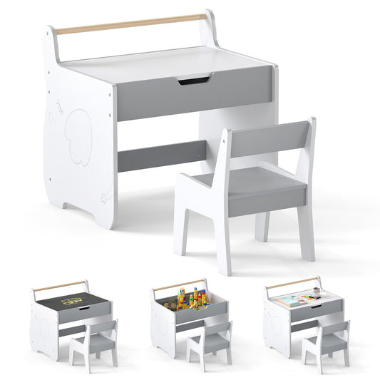 LIVSK 3-in-1 Kindertafel- en Stoelenset - Afneembaar Tafelblad met Whiteboard en Schoolbord - Ingebouwde Opbergruimte - Grijs +
