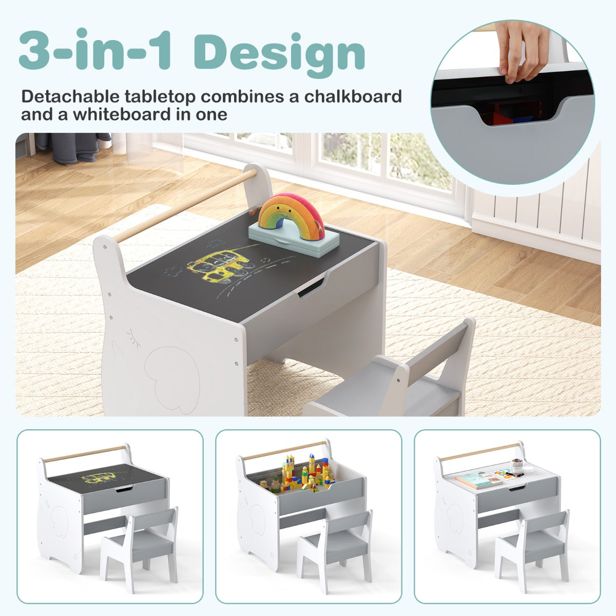 LIVSK 3-in-1 Kindertafel- en Stoelenset - Afneembaar Tafelblad met Whiteboard en Schoolbord - Ingebouwde Opbergruimte - Grijs +