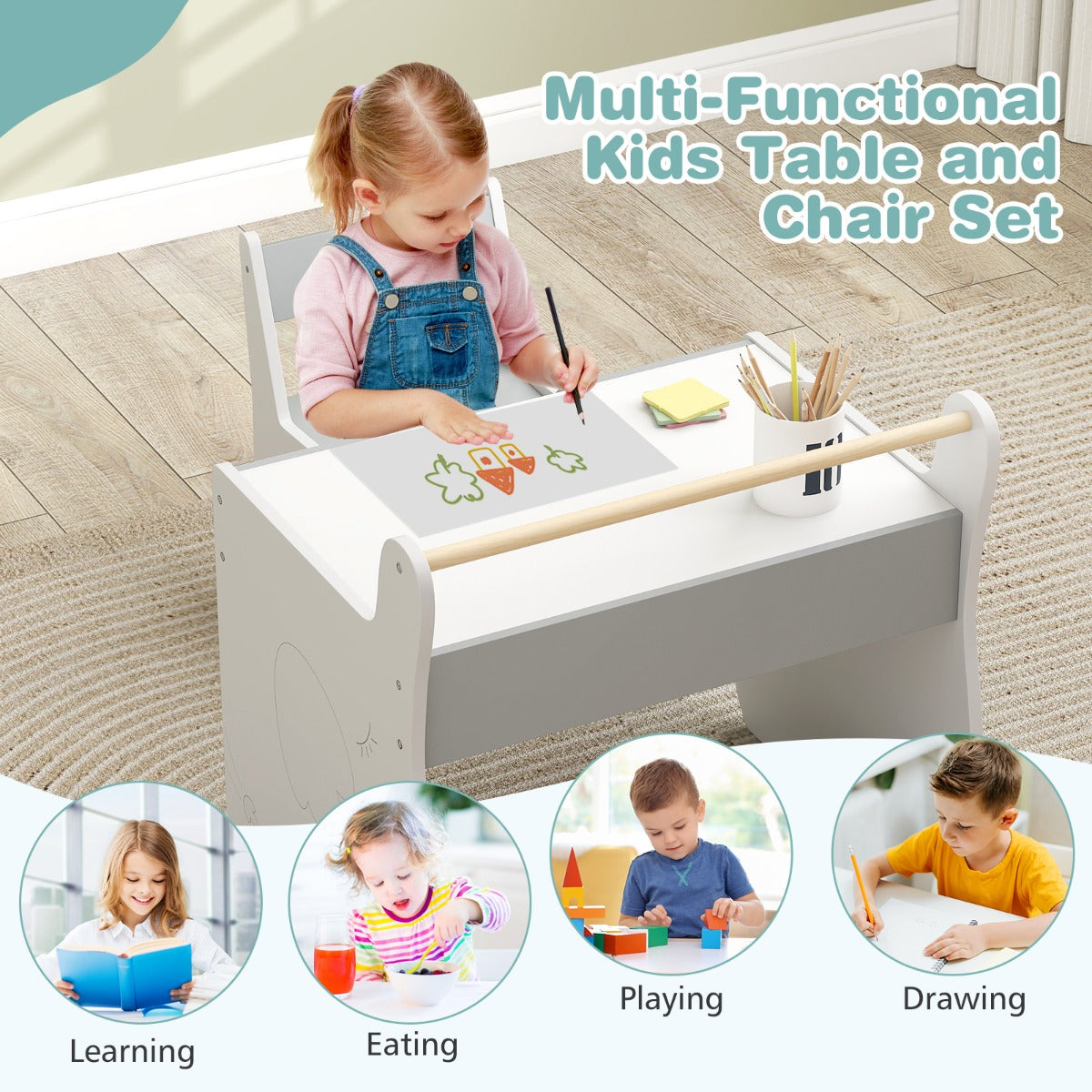 LIVSK 3-in-1 Kindertafel- en Stoelenset - Afneembaar Tafelblad met Whiteboard en Schoolbord - Ingebouwde Opbergruimte - Grijs +