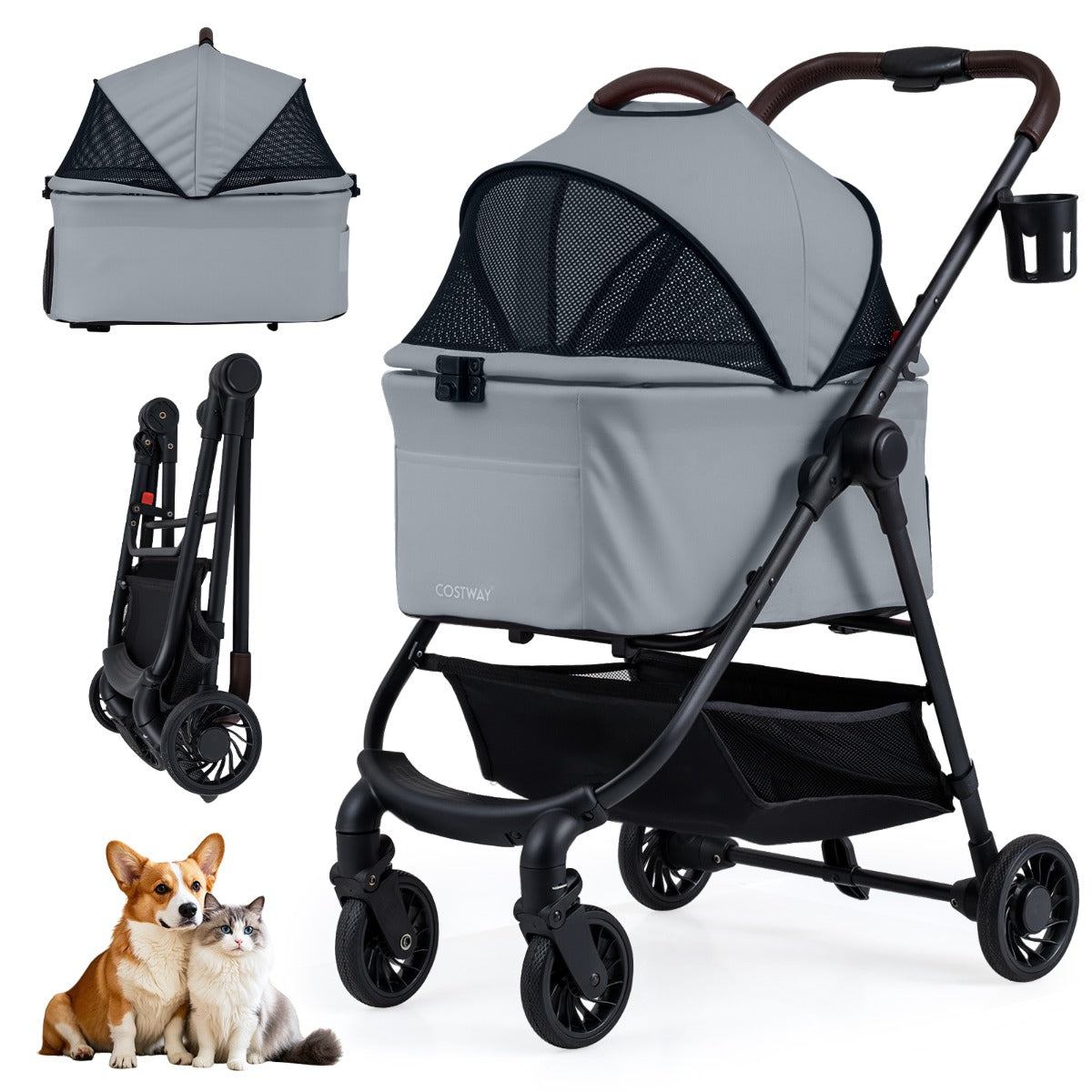 Livsk costway 3 in 1 huisdierenbuggy met een hand opvouwbare hondenbuggy met afneembare drager verstelbare netkap opbergmand grijs 1 1