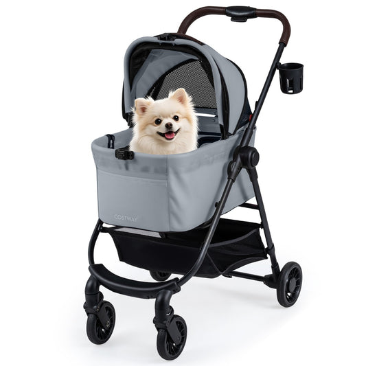 Livsk costway 3 in 1 huisdierenbuggy met een hand opvouwbare hondenbuggy met afneembare drager verstelbare netkap opbergmand grijs