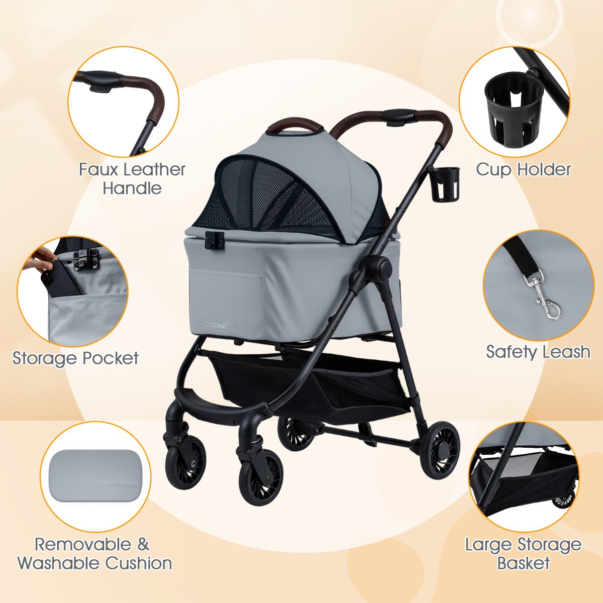 Livsk costway 3 in 1 huisdierenbuggy met een hand opvouwbare hondenbuggy met afneembare drager verstelbare netkap opbergmand grijs 3