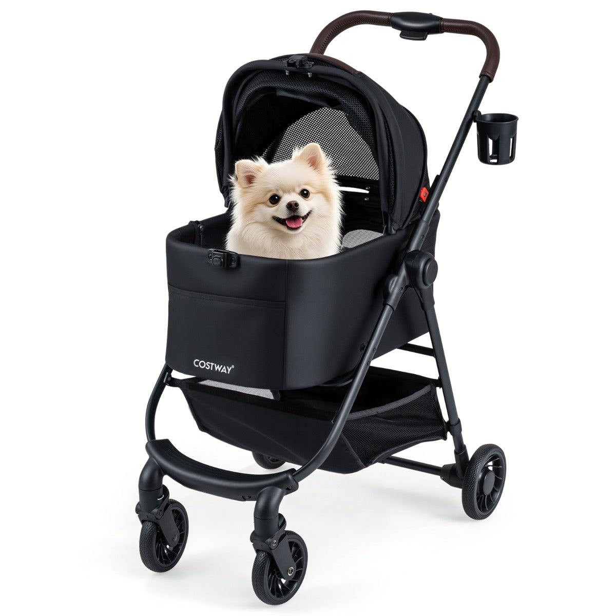 Livsk costway 3 in 1 huisdierenbuggy met een hand opvouwbare hondenbuggy met afneembare drager verstelbare netkap opbergmand zwart