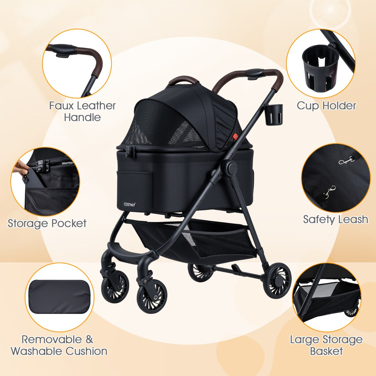 Livsk costway 3 in 1 huisdierenbuggy met een hand opvouwbare hondenbuggy met afneembare drager verstelbare netkap opbergmand zwart 3