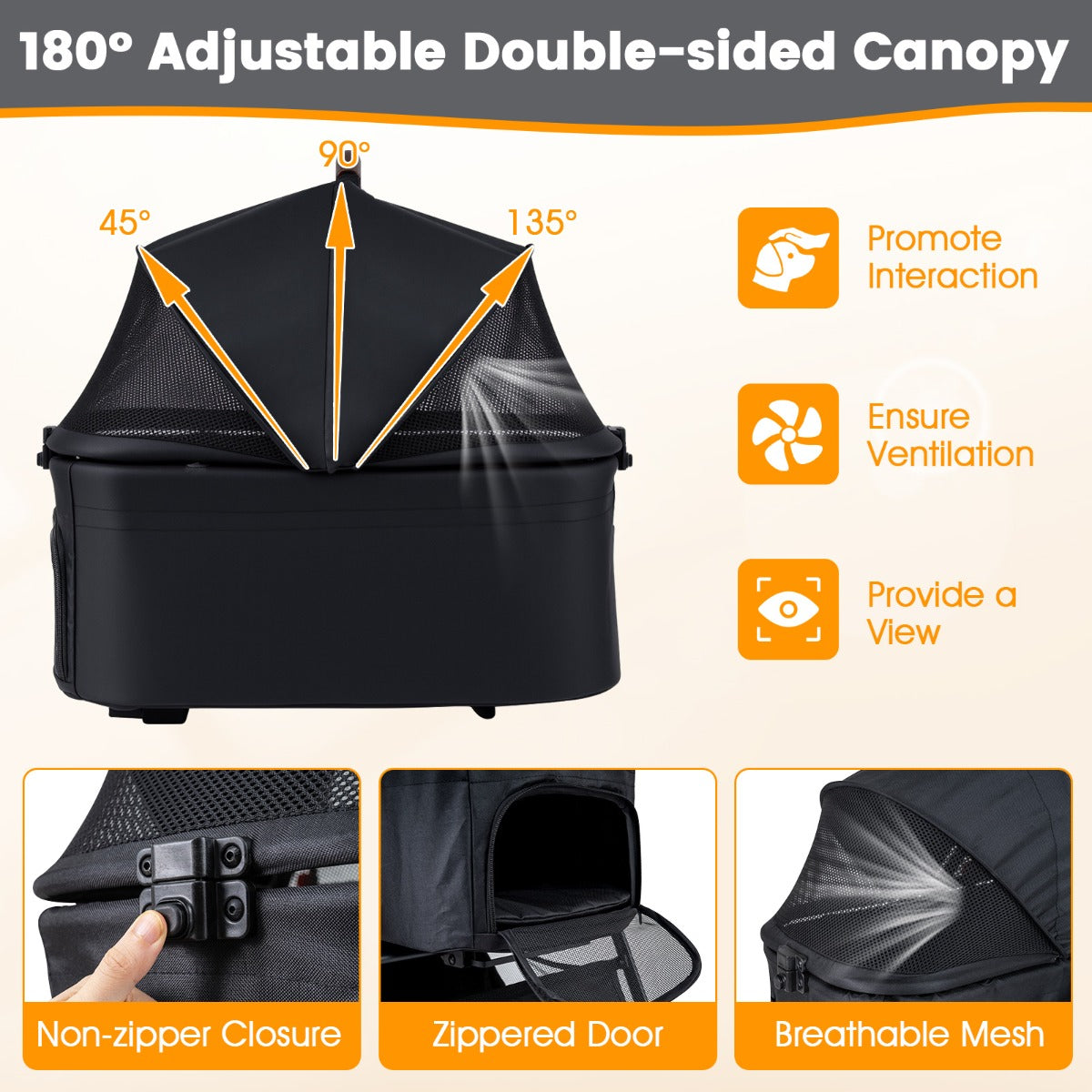Livsk costway 3 in 1 huisdierenbuggy met een hand opvouwbare hondenbuggy met afneembare drager verstelbare netkap opbergmand zwart 6