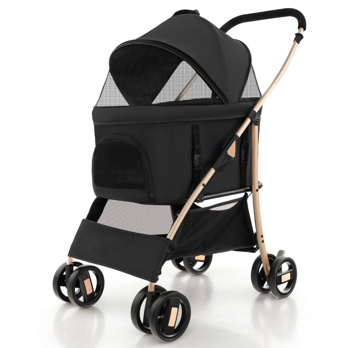 LIVSK 3-in-1 Hondenwagen - Opvouwbaar - Verstelbaar Dak - Veiligheidsgordels - Tot 15 kg - Zwart en Goud