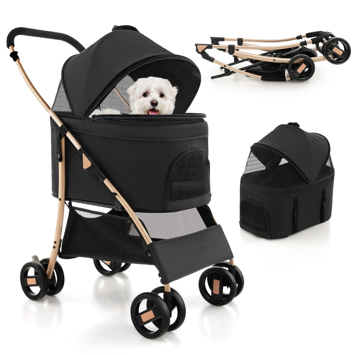 LIVSK 3-in-1 Hondenwagen - Opvouwbaar - Verstelbaar Dak - Veiligheidsgordels - Tot 15 kg - Zwart en Goud