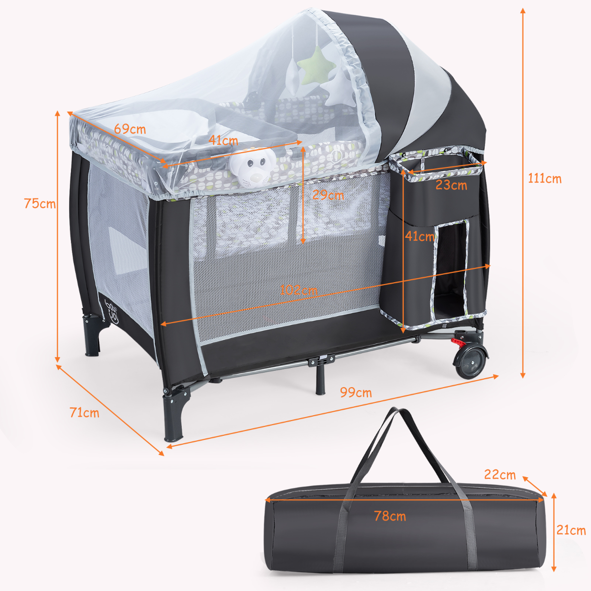 LIVSK Draagbare Speeltuin voor Baby's - Afneembaar Net met Speelgoedbar - Muziekspeler met Licht - Opvouwbaar - 102 x 71 x 111 cm