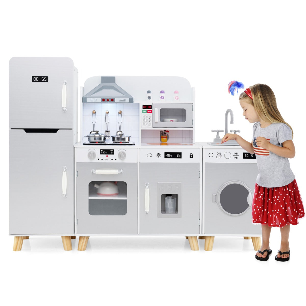 LIVSK 3-in-1 Speelkeuken voor Kinderen - Koelkast, Fornuis, Wasmachine - Met Keukenaccessoires - Voor 3 jaar en ouder - Grijs