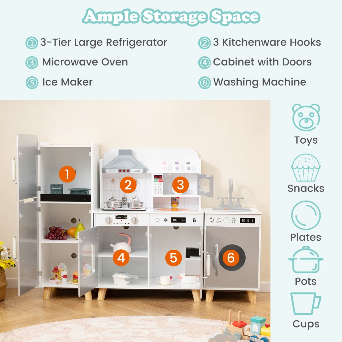 LIVSK 3-in-1 Speelkeuken voor Kinderen - Koelkast, Fornuis, Wasmachine - Met Keukenaccessoires - Voor 3 jaar en ouder - Grijs