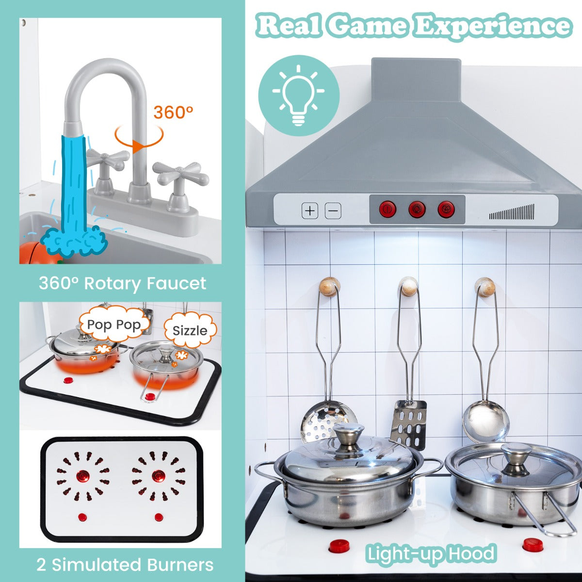 LIVSK 3-in-1 Speelkeuken voor Kinderen - Koelkast, Fornuis, Wasmachine - Met Keukenaccessoires - Voor 3 jaar en ouder - Grijs