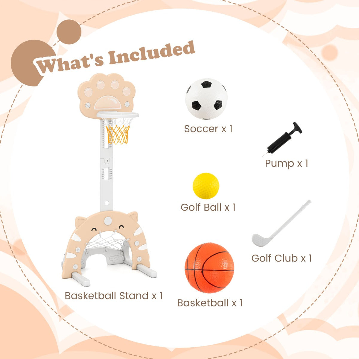 LIVSK 3-in-1 Kinder-basketbalring - Basketbal, Voetbal, Golf - Verstelbare Hoogte 64-125 cm - Veilig PP en HDPE - Grijs + Mokka