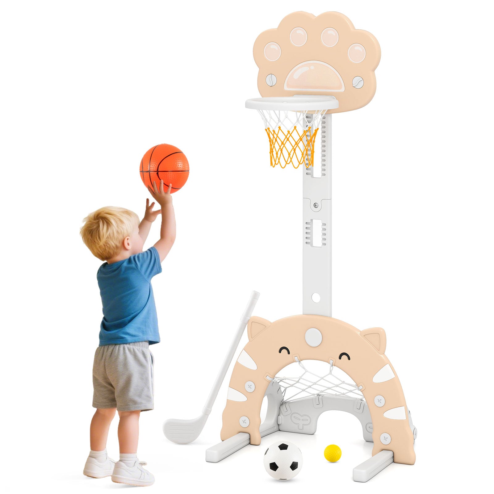 LIVSK 3-in-1 Kinder-basketbalring - Basketbal, Voetbal, Golf - Verstelbare Hoogte 64-125 cm - Veilig PP en HDPE - Grijs + Mokka