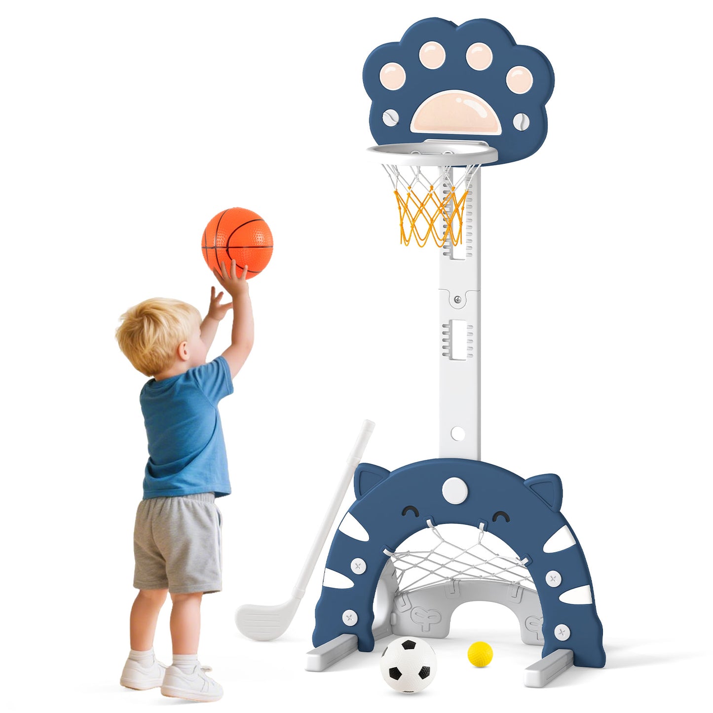 LIVSK 3-in-1 Kinderbasketbalring - Basketbal, Voetbal en Golf - Verstelbare Hoogte 64-125 cm - Inclusief Accessoires - Blauw