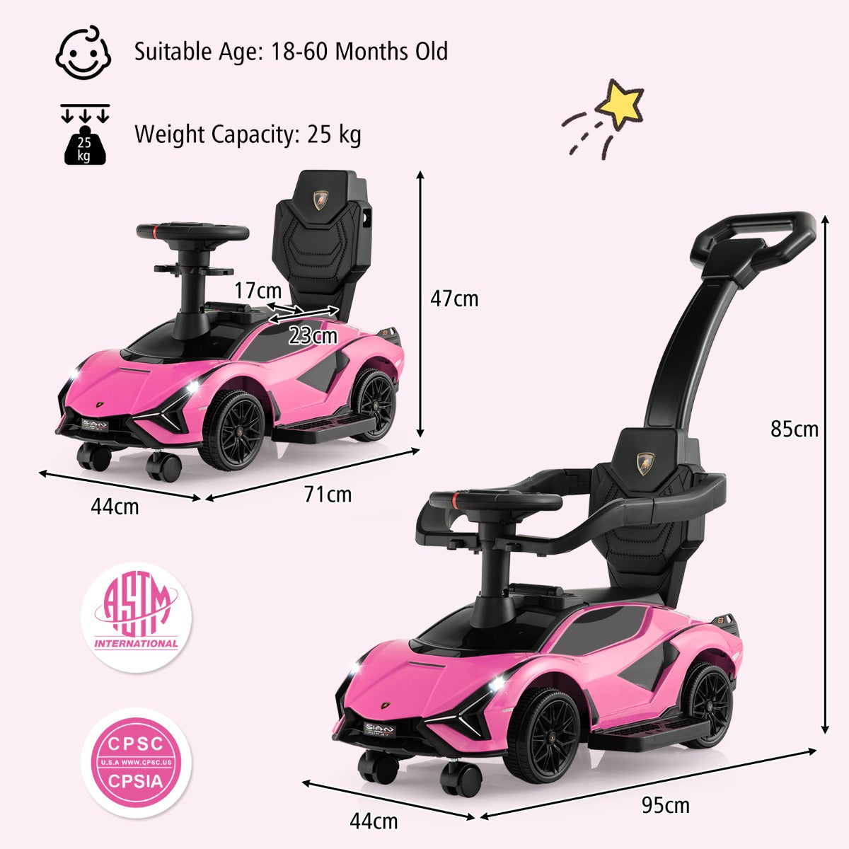 Livsk costway 3 in 1 kinderduwauto gelijkvloerse auto met lamborghini licentie muziek koplampen afneembare universele wielen roze 1