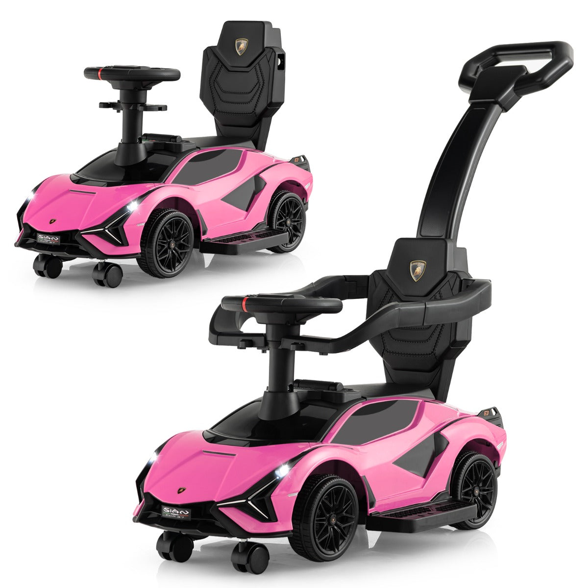 Livsk costway 3 in 1 kinderduwauto gelijkvloerse auto met lamborghini licentie muziek koplampen afneembare universele wielen roze