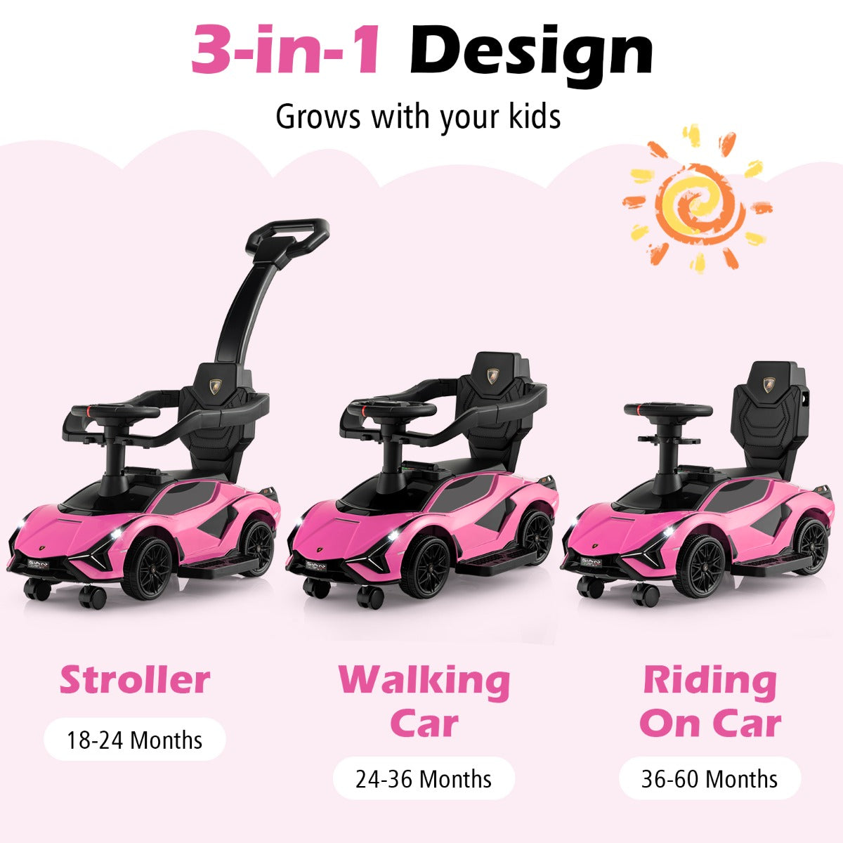 Livsk costway 3 in 1 kinderduwauto gelijkvloerse auto met lamborghini licentie muziek koplampen afneembare universele wielen roze