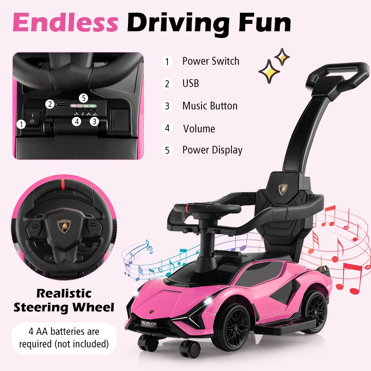 Livsk costway 3 in 1 kinderduwauto gelijkvloerse auto met lamborghini licentie muziek koplampen afneembare universele wielen roze