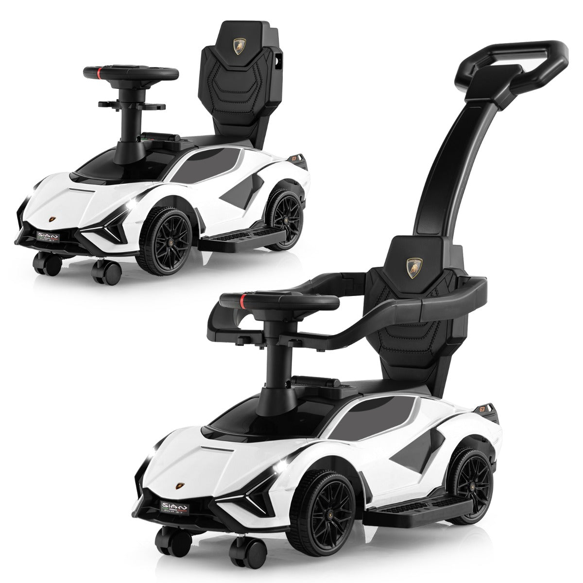 LIVSK Lamborghini Loopauto - 3-in-1 Ontwerp met Duwbeugel - Muziek en Koplampen - Tot 25 kg - Wit/Zwart/Roze