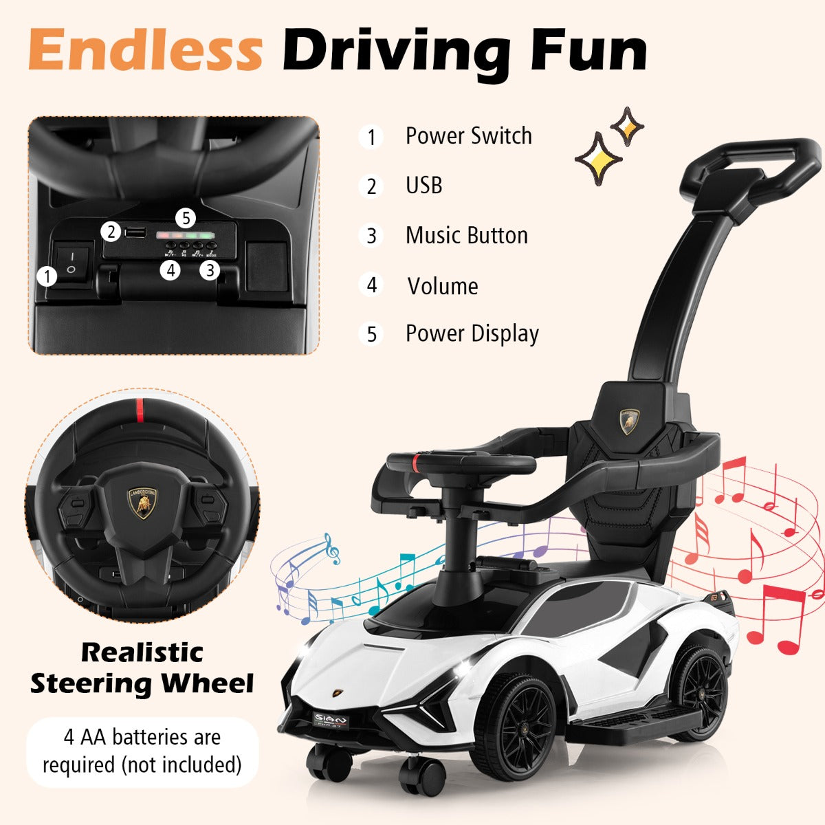 LIVSK Lamborghini Loopauto - 3-in-1 Ontwerp met Duwbeugel - Muziek en Koplampen - Tot 25 kg - Wit/Zwart/Roze