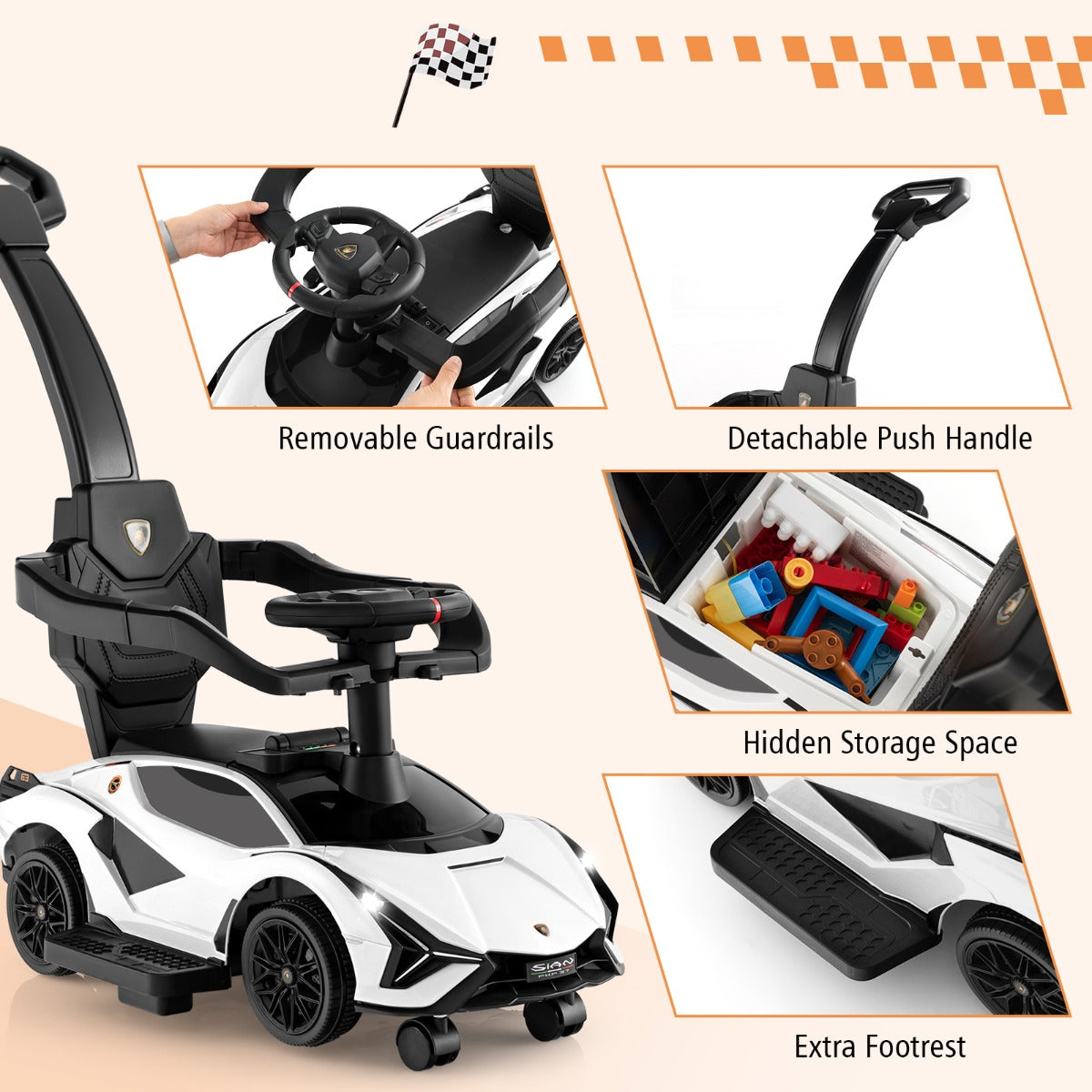 LIVSK Lamborghini Loopauto - 3-in-1 Ontwerp met Duwbeugel - Muziek en Koplampen - Tot 25 kg - Wit/Zwart/Roze