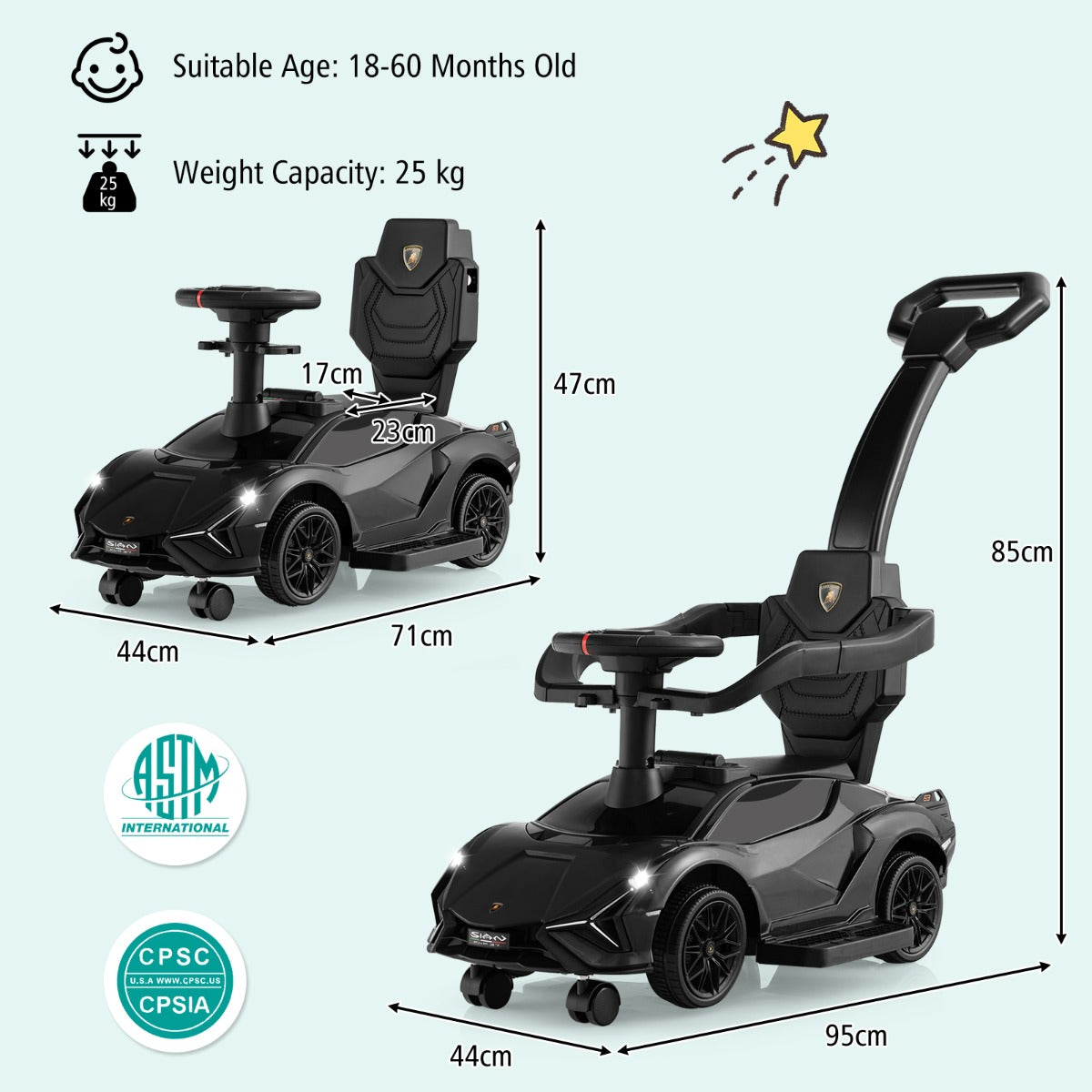 LIVSK 3-in-1 Loopauto - Lamborghini Gelijkvloers - Afneembare Leuningen - Universele Wielen - Tot 25 kg - Wit/Zwart/Roze