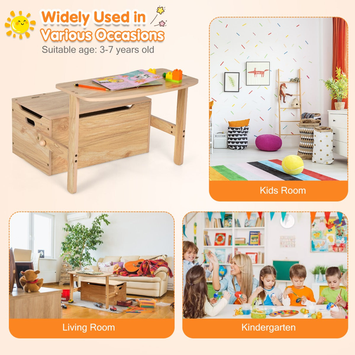 LIVSK 3-in-1 Activiteitenset voor Kinderen - Tafel, Stoel en Opbergdoos - Veilig MDF - Gemakkelijk te Monteren - Natuurlijk